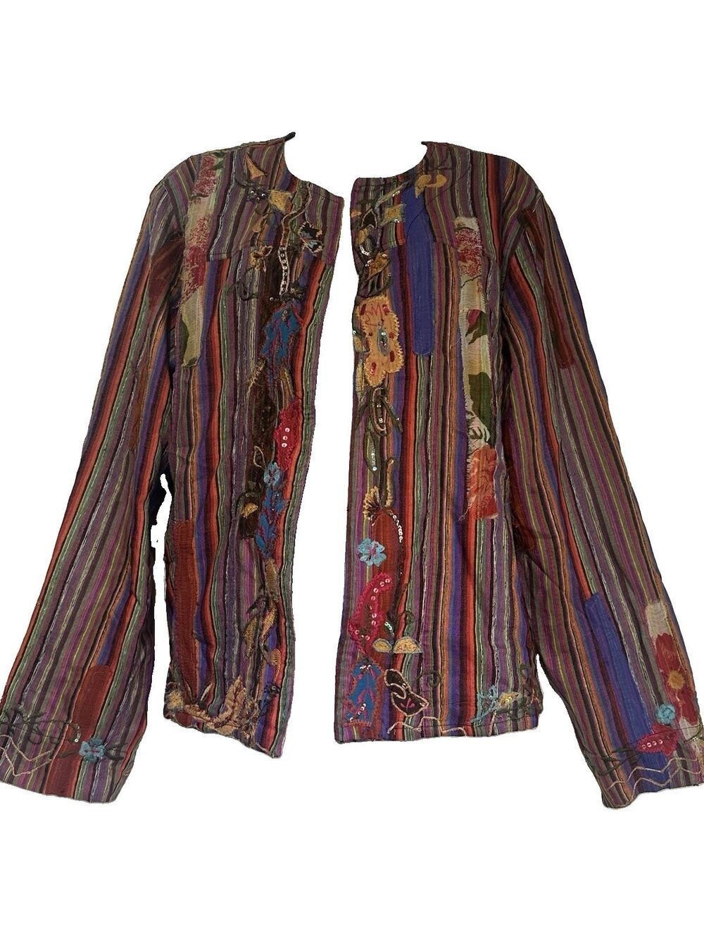 Chico’s Women’s Size 3 Silk Multicolor Stripe Embroidered Patchwork Jacket